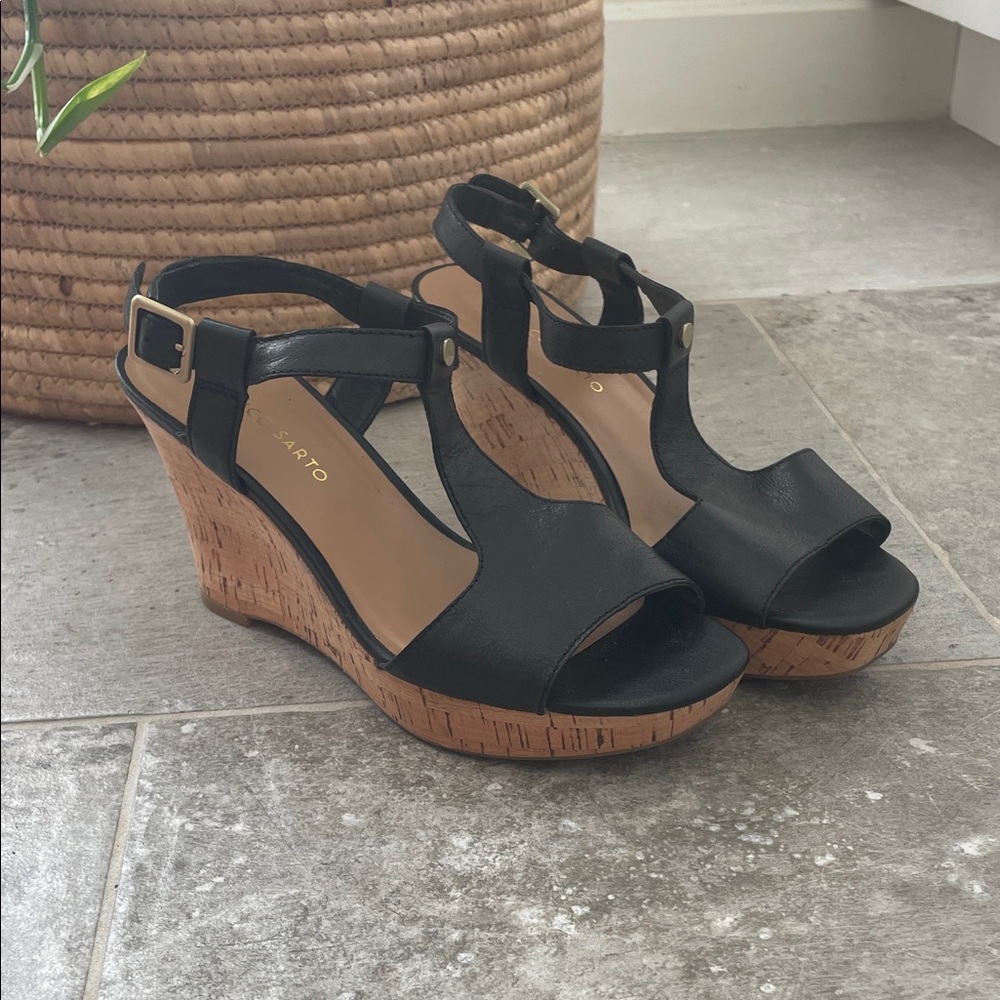 Franco Sarto Black and Brown Wedge Sandals